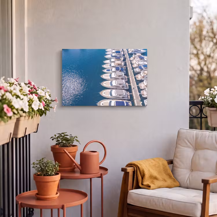 Boot - Jachthaven - Water - Zomer - Blauw Tuinposter op houten frame 2 cm dik klein -sfeer1