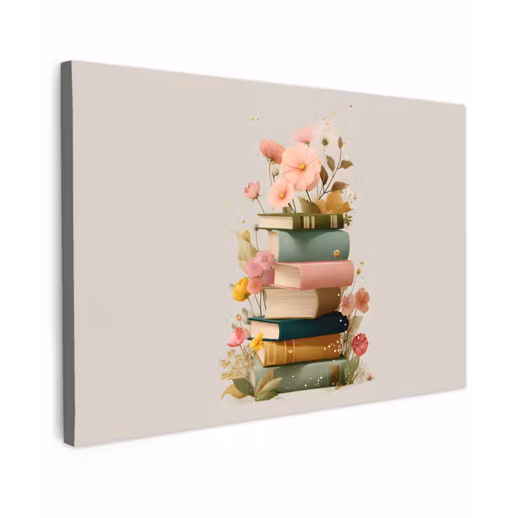 Boeken - Stapel - Bloemen - Kleurrijk Tuinposter op houten frame 2 cm dik klein -3d