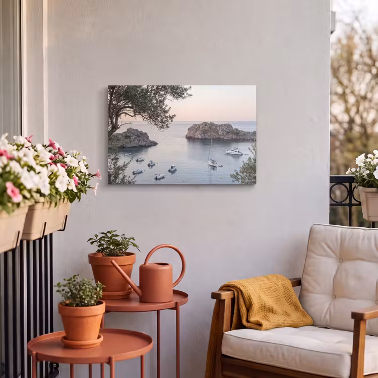 Outdoor Leinwand - Bucht – Boote – Sonnenuntergang - Baai - boten - zonsondergang Tuinposter op houten frame 2 cm dik klein