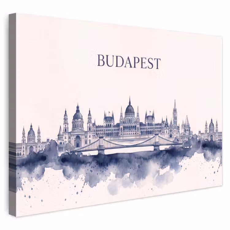 Boedapest - Skyline - Architectuur - Aquarel - Blauw Tuinposter op houten frame 2 cm dik klein -3d