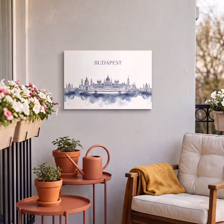 Boedapest - Skyline - Architectuur - Aquarel - Blauw Tuinposter op houten frame 2 cm dik klein -sfeer1