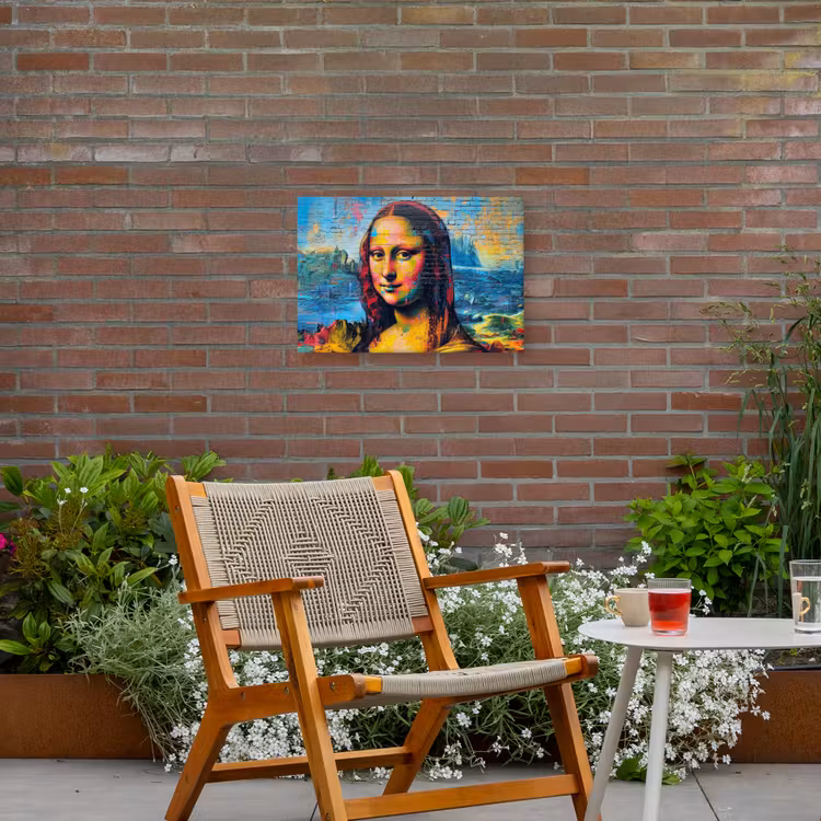 Kleurrijke Mona Lisa Tuinposter op houten frame 2 cm dik klein -sfeer3
