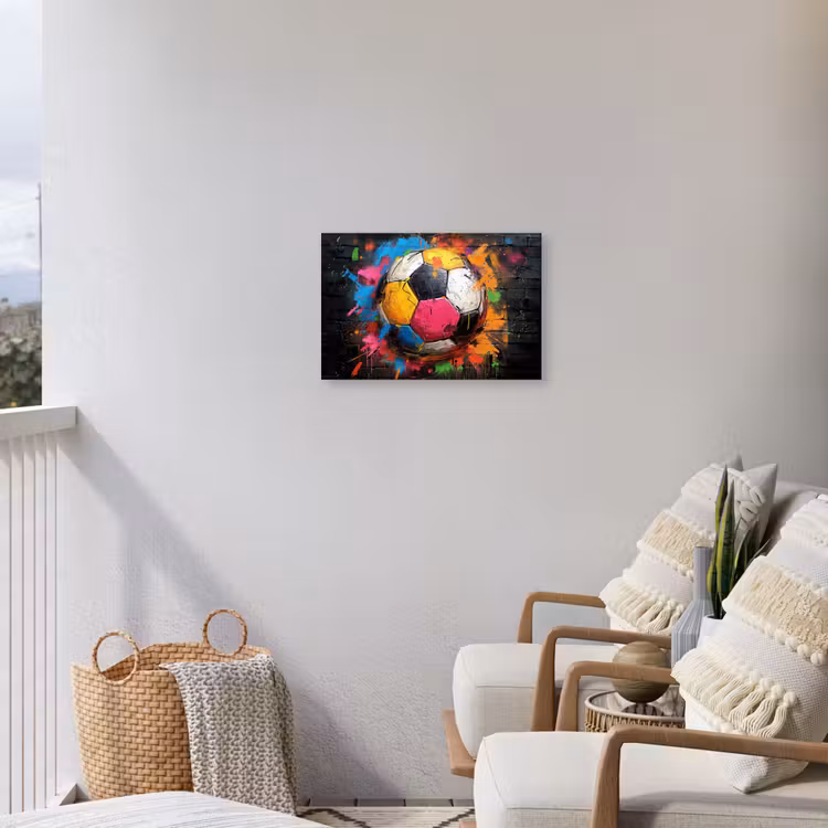 Kleurrijke Voetbal Tuinposter op houten frame 2 cm dik klein -sfeer1