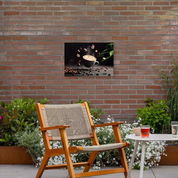 Cappuccino - Kop - Bonen - Bruin Tuinposter op houten frame 2 cm dik klein -sfeer3