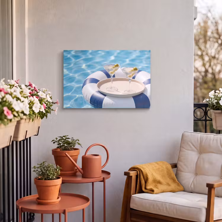Cocktail - Zwembad - Zomer - Blauw Tuinposter op houten frame 2 cm dik klein -sfeer1