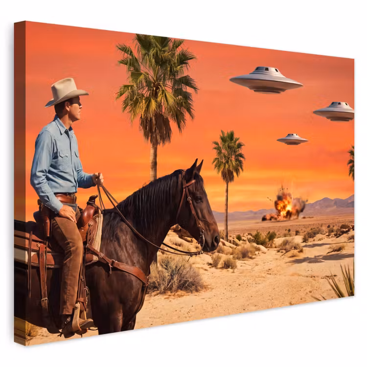 Outdoor Leinwand - Cowboy – Pferd – Wüste - Cowboy - Paard - Woestijn Tuinposter op houten frame 2 cm dik klein