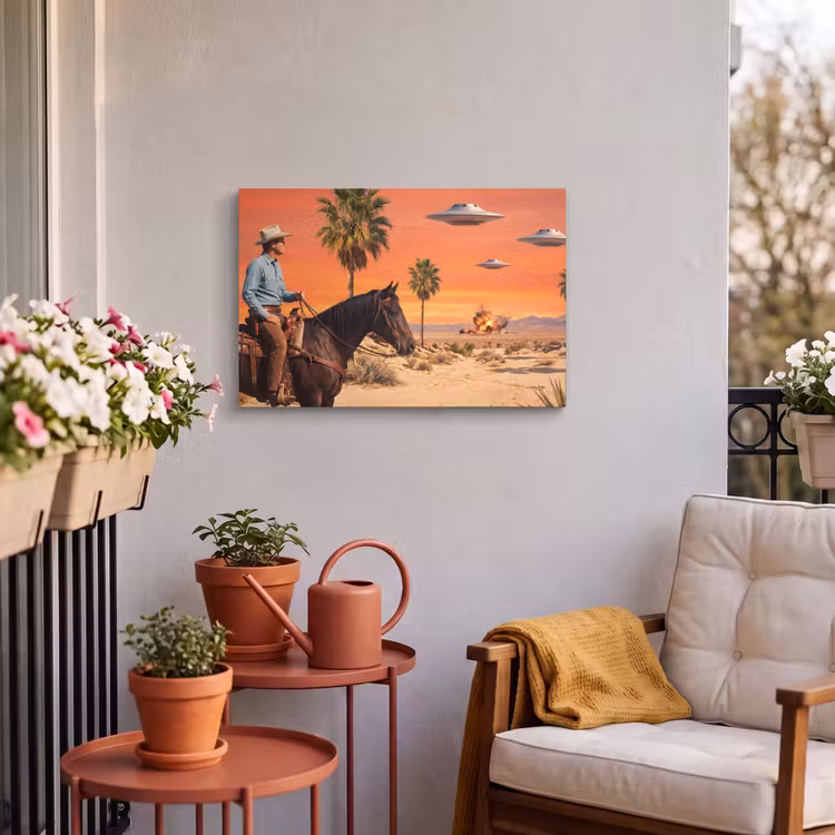 Outdoor Leinwand - Cowboy – Pferd – Wüste - Cowboy - Paard - Woestijn Tuinposter op houten frame 2 cm dik klein