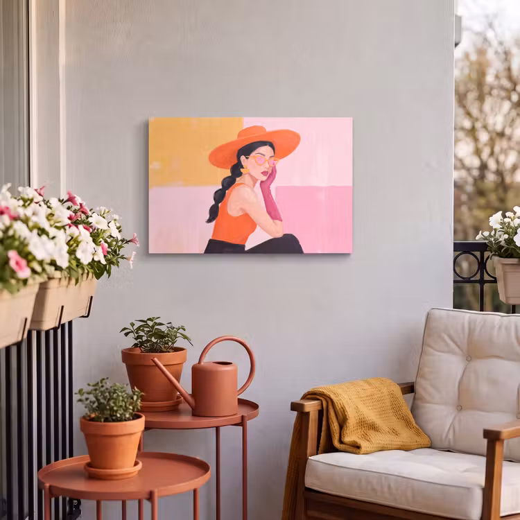 Vrouw - Hoed - Mode - Modern - Oranje Tuinposter op houten frame 2 cm dik klein -sfeer1