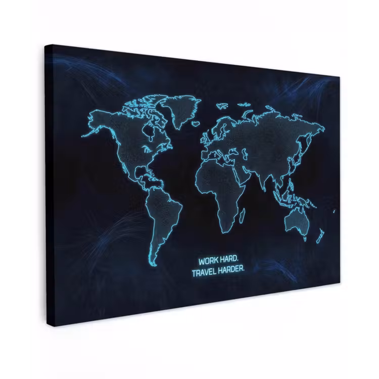 Digitaal - Wereldkaart - Blauw - Quote Tuinposter op houten frame 2 cm dik klein -3d