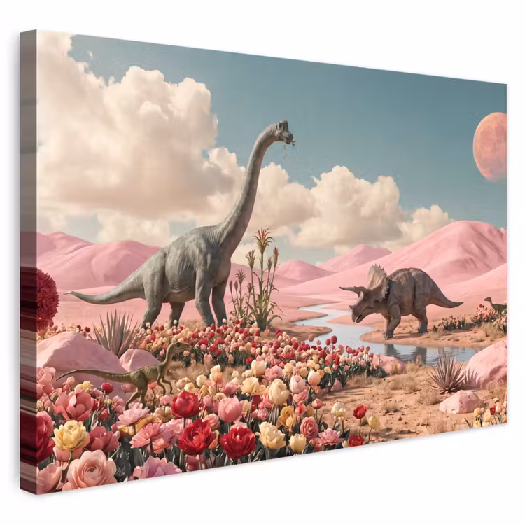 Outdoor Leinwand - Dinosaurier – Rosa – Landschaft - Dinosaurus - Roze - Landschap Tuinposter op houten frame 2 cm dik klein