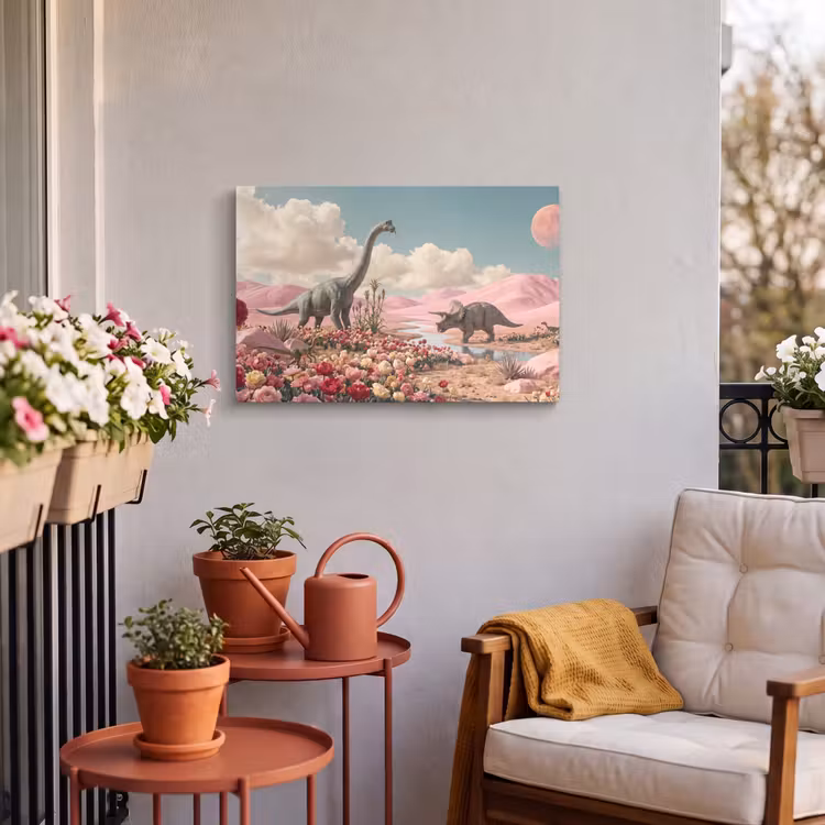 Outdoor Leinwand - Dinosaurier – Rosa – Landschaft - Dinosaurus - Roze - Landschap Tuinposter op houten frame 2 cm dik klein