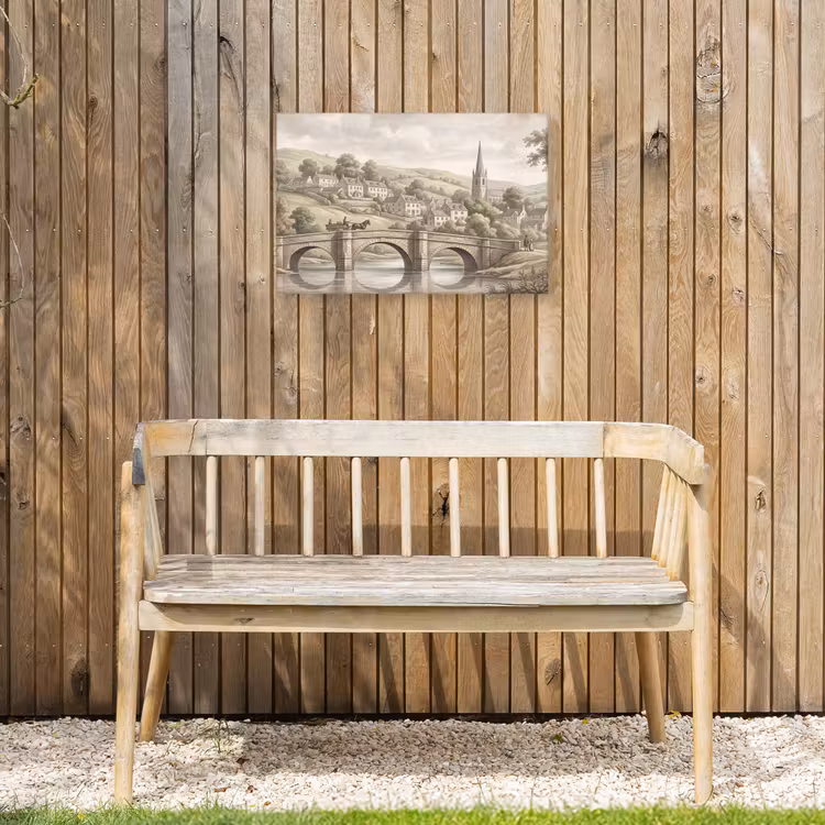 Dorp - Brug - Uitzicht - Groen Tuinposter op houten frame 2 cm dik klein -sfeer4