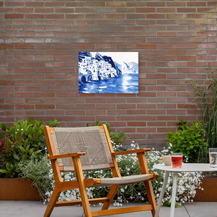 Dorp - Rotswand - Roeiboot - Water Tuinposter op houten frame 2 cm dik klein -sfeer3