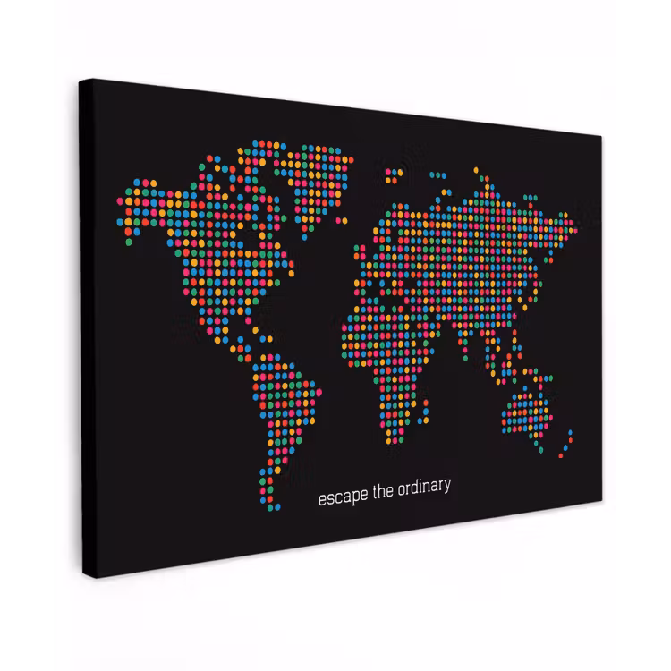Stippen - Wereldkaart - Kleurrijk Tuinposter op houten frame 2 cm dik klein -3d