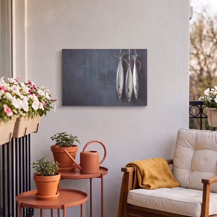 Outdoor Leinwand - Drei Fische – Seil - Drie vissen - Touw Tuinposter op houten frame 2 cm dik klein