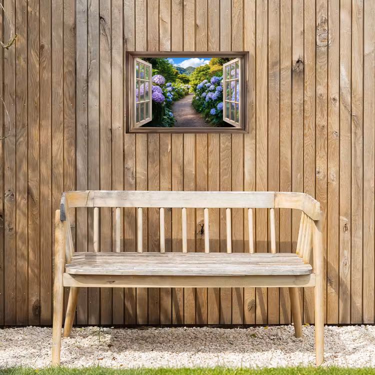 Doorkijk - Hortensia - Pad - Natuur Tuinposter op houten frame 2 cm dik klein -sfeer4