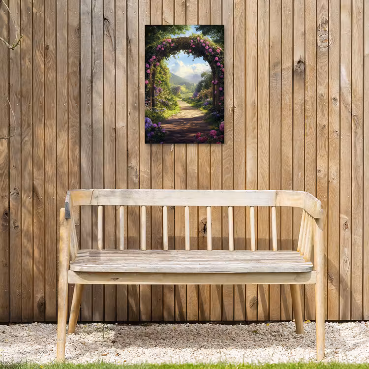 Doorkijk - Rozenboog - Uitzicht - Landschap - Bloemen Tuinposter op houten frame 2 cm dik klein -sfeer4
