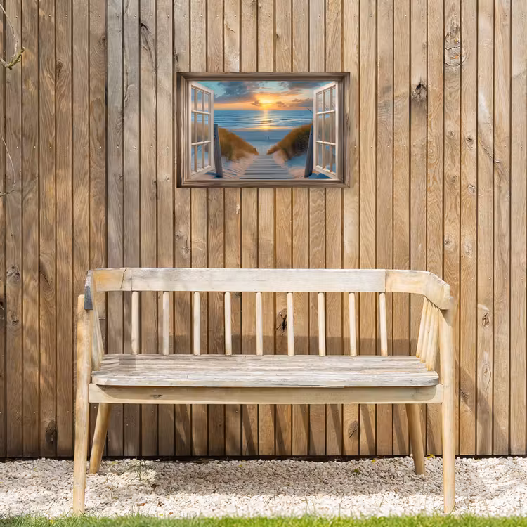 Doorkijk - Strand - Pad - Zonsondergang Tuinposter op houten frame 2 cm dik klein -sfeer4