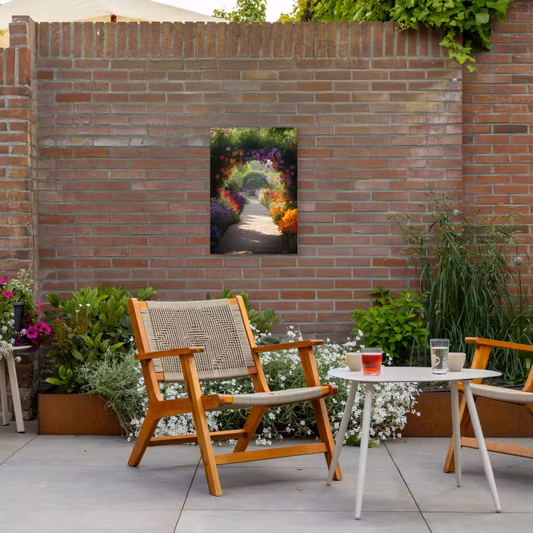 Doorkijk - Pad - Bloemen - Struik - Kleurrijk Tuinposter op houten frame 2 cm dik klein -sfeer3