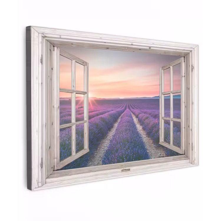 Doorkijk - Lavendel - Bloemen - Hout - Zonsondergang - Paars Tuinposter op houten frame 2 cm dik klein -3d