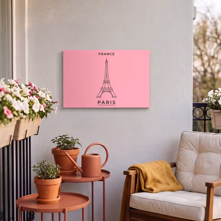 Eiffeltoren - Parijs - Architectuur - Minimalistisch - Roze Tuinposter op houten frame 2 cm dik klein -sfeer1