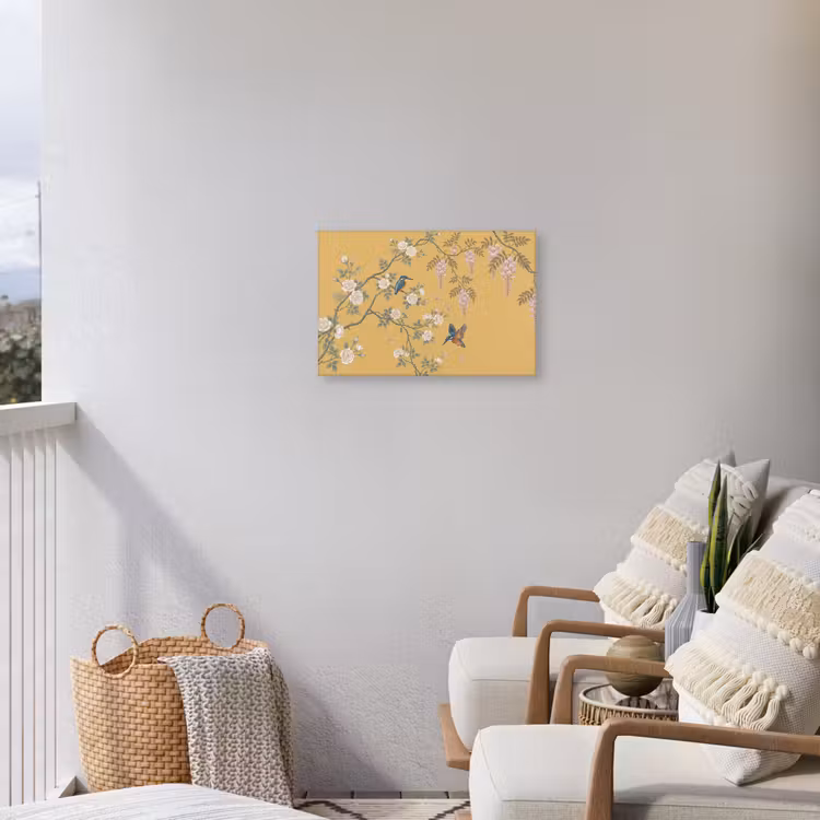 IJsvogels - Bloesem - Geel Tuinposter op houten frame 2 cm dik klein -sfeer1