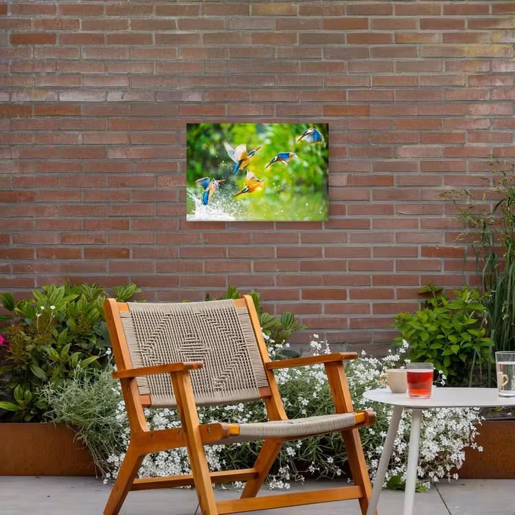 IJsvogels vliegen in het water Tuinposter op houten frame 2 cm dik klein -sfeer3