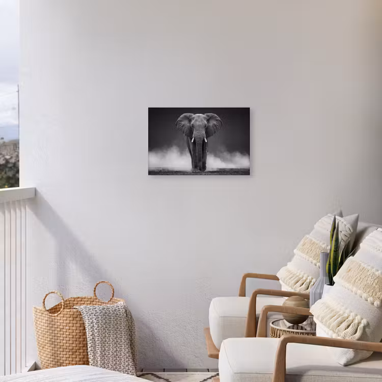 Olifant - Zwart - Wit - Rook Tuinposter op houten frame 2 cm dik klein -sfeer1