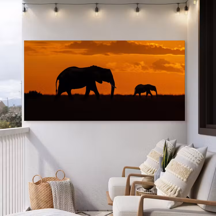 Olifanten - Savanne - Zonsondergang Tuinposter op houten frame 2 cm dik xxl -sfeer1