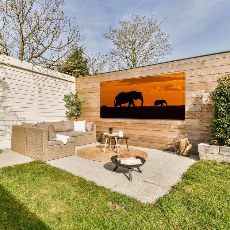 Olifanten - Savanne - Zonsondergang Tuinposter op houten frame 2 cm dik xxl -sfeer2