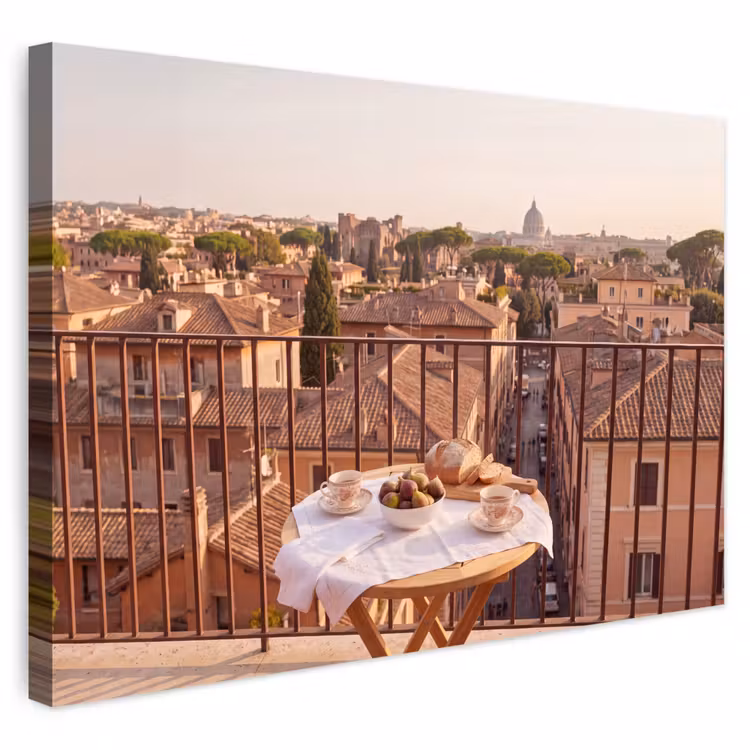 Eten - Ontbijt - Balkon - Stad - Zonsopgang Tuinposter op houten frame 2 cm dik klein -3d