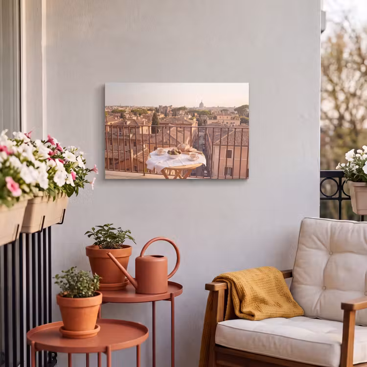 Eten - Ontbijt - Balkon - Stad - Zonsopgang Tuinposter op houten frame 2 cm dik klein -sfeer1
