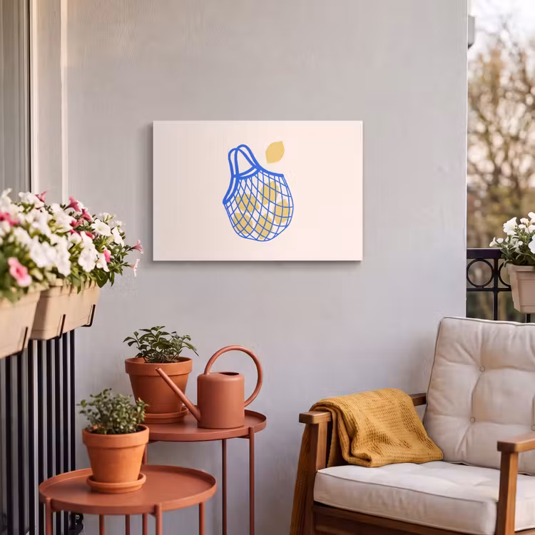 Eten - Citroen - Boodschappen - Abstract - Geel - Blauw Tuinposter op houten frame 2 cm dik klein -sfeer1