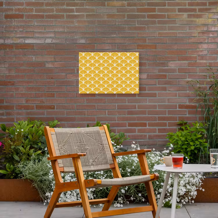 Waaiers - Art Deco - Retro - Okergeel Tuinposter op houten frame 2 cm dik klein 845 -sfeer3