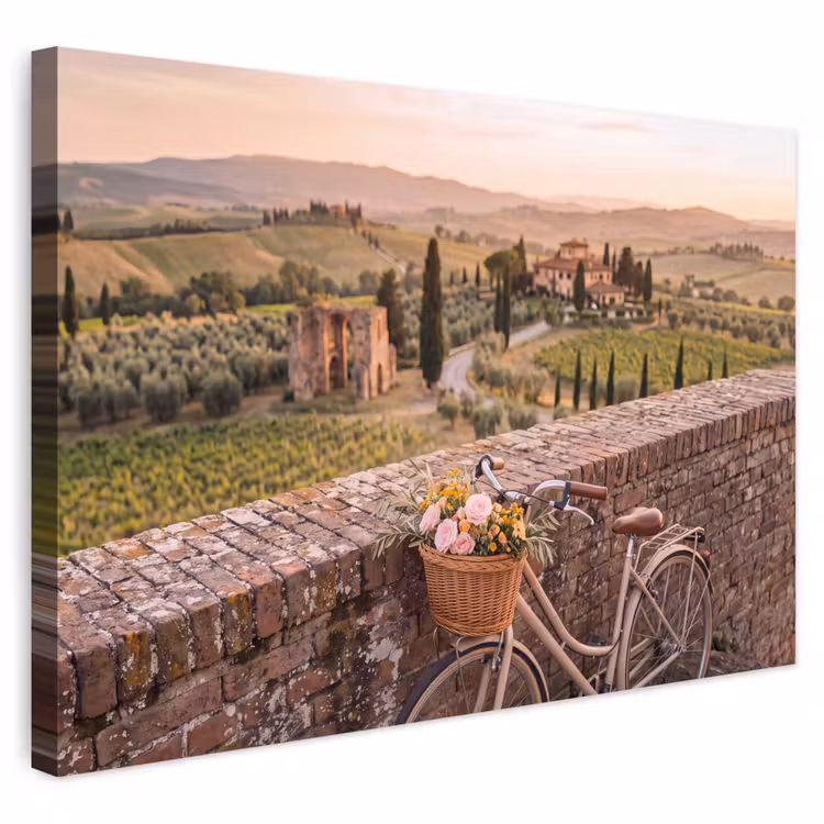 Fiets - Bloemen - Toscane - Landschap - Roze Tuinposter op houten frame 2 cm dik klein -3d