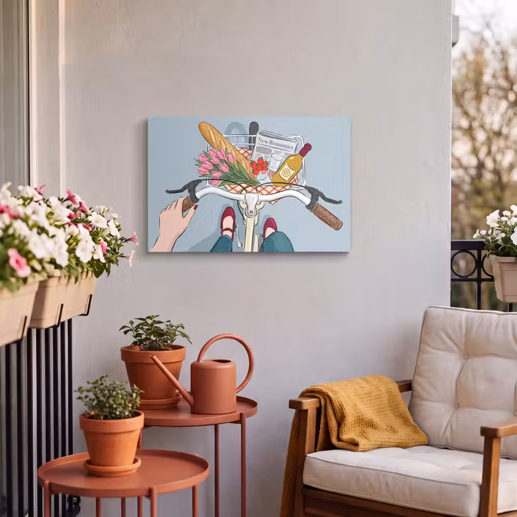 Fiets - Picknick - Zomer - Illustratie Tuinposter op houten frame 2 cm dik klein -sfeer1