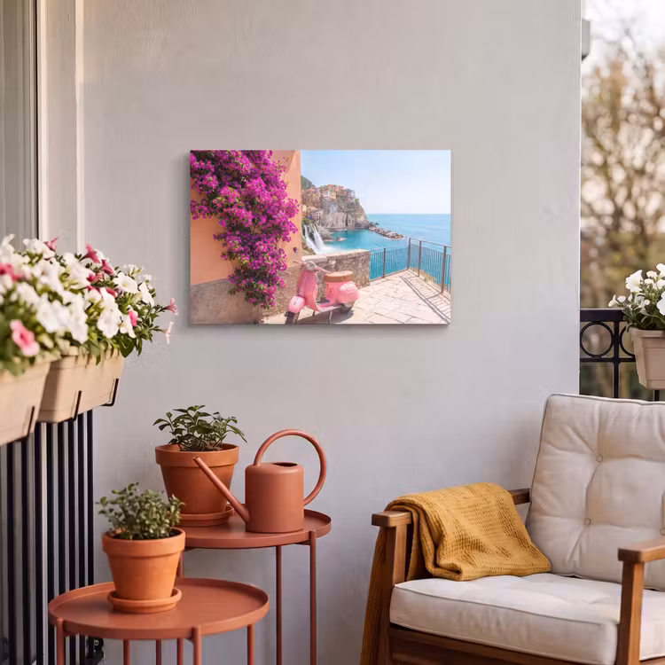 Voertuig - Roze - Kust - Zomer - Reizen Tuinposter op houten frame 2 cm dik klein -sfeer1