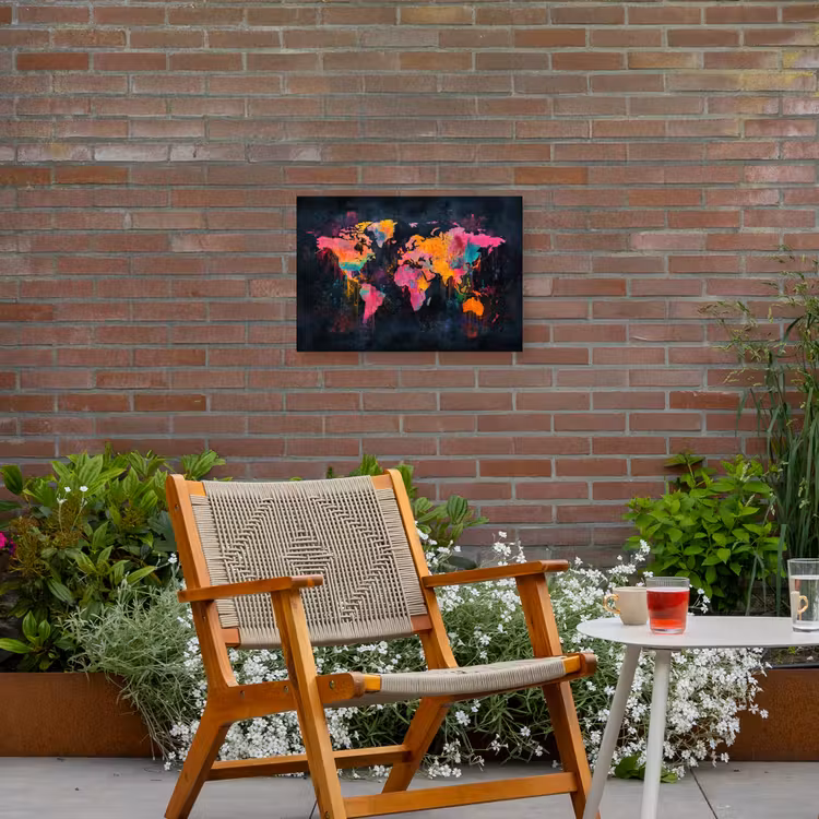 Verf - Wereldkaart - Kleur Tuinposter op houten frame 2 cm dik klein -sfeer3