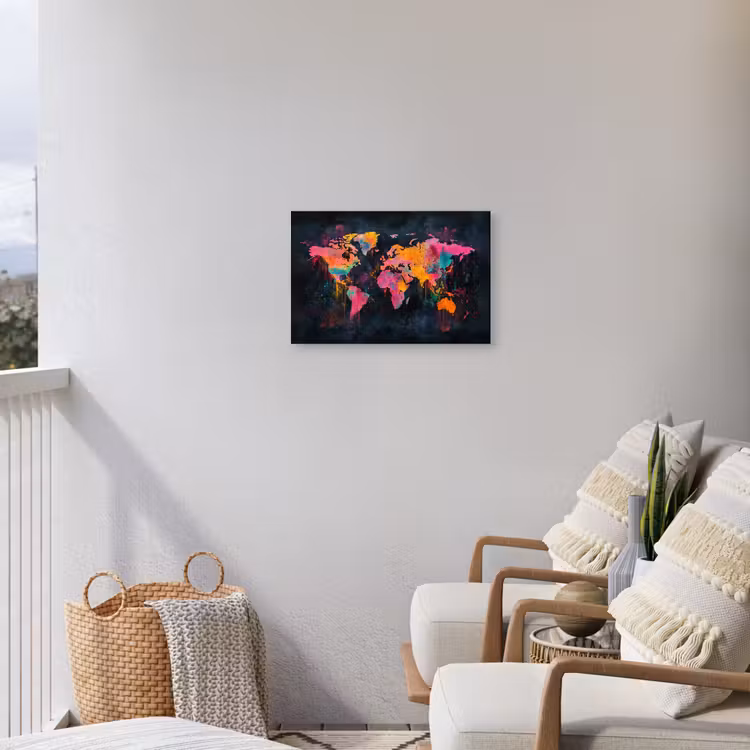 Verf - Wereldkaart - Kleur Tuinposter op houten frame 2 cm dik klein -sfeer1