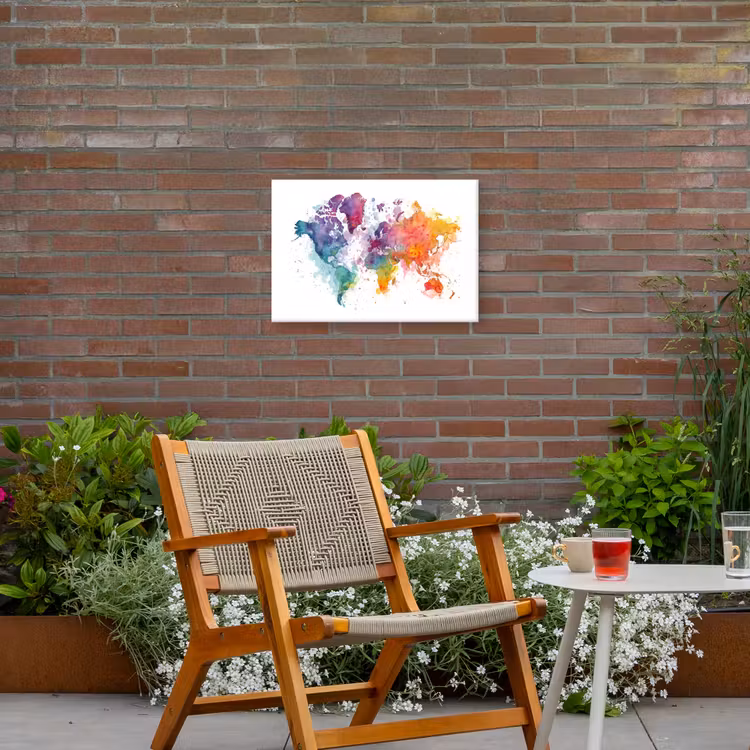 Verfvlekken - Druppels - Wereldkaart - Kleurrijk Tuinposter op houten frame 2 cm dik klein -sfeer3