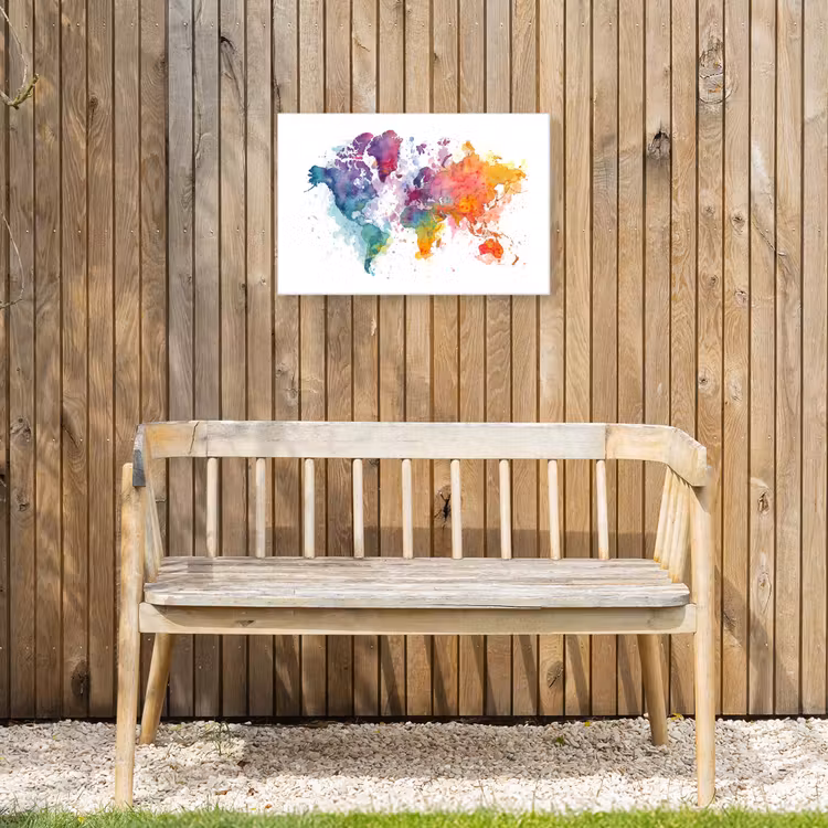 Verfvlekken - Druppels - Wereldkaart - Kleurrijk Tuinposter op houten frame 2 cm dik klein -sfeer4