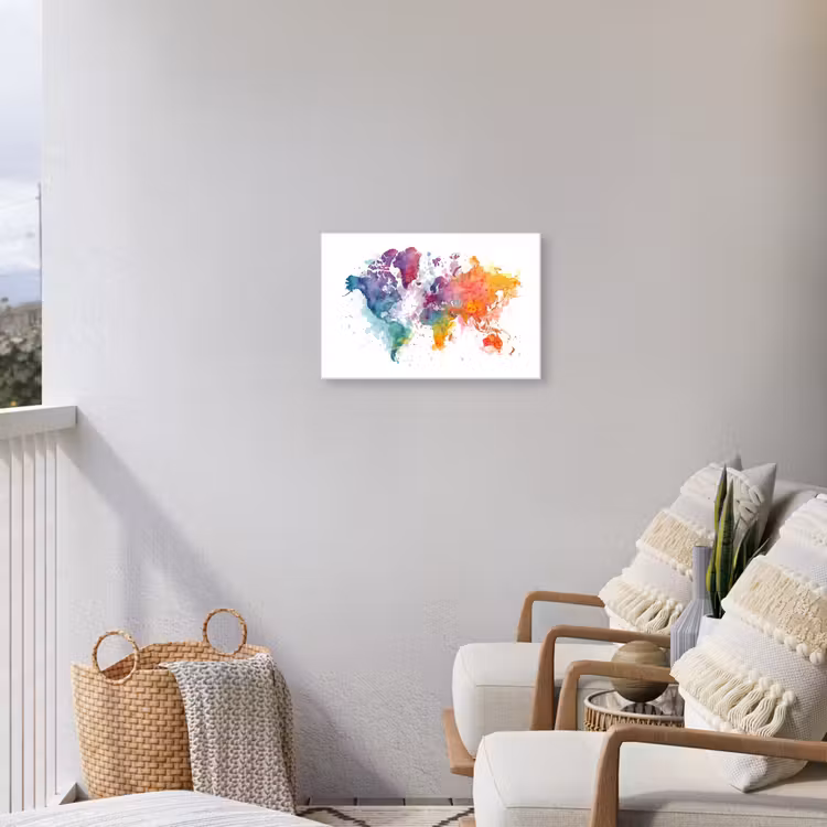 Verfvlekken - Druppels - Wereldkaart - Kleurrijk Tuinposter op houten frame 2 cm dik klein -sfeer1