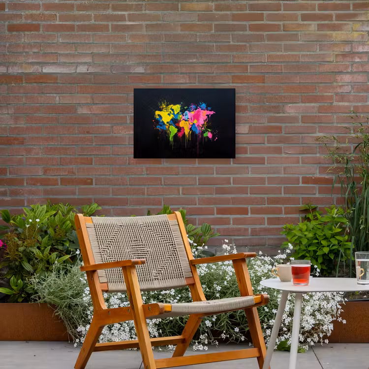 Verfspatten - Explosie - Kleurrijk - Wereldkaart Tuinposter op houten frame 2 cm dik klein -sfeer3
