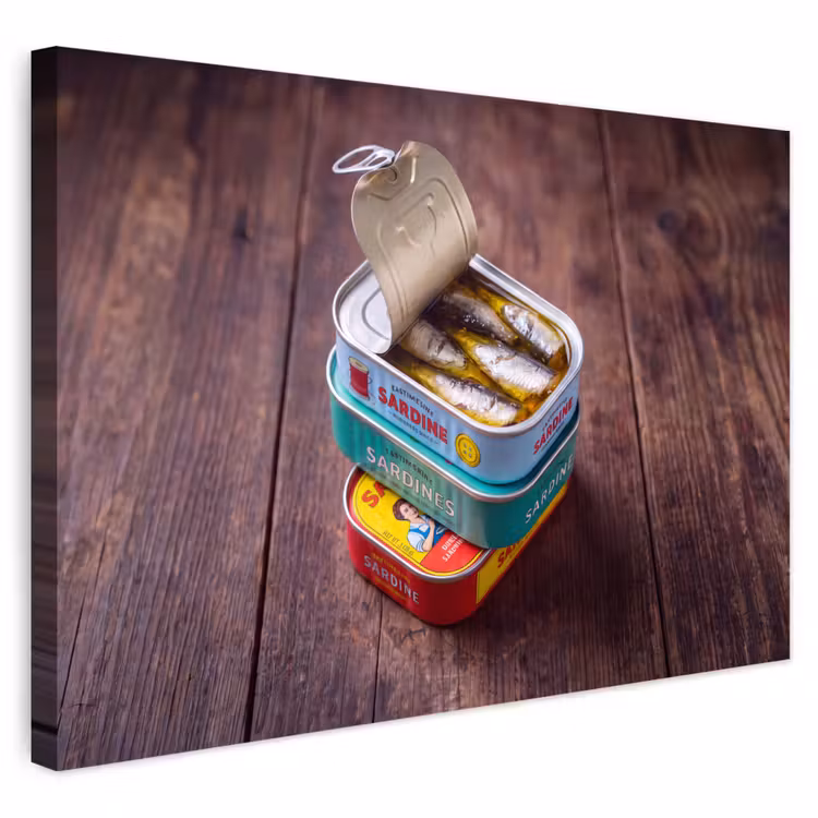 Outdoor Leinwand - Fisch – Dosen – Küche - Vis - Blikjes - Keuken Tuinposter op houten frame 2 cm dik klein