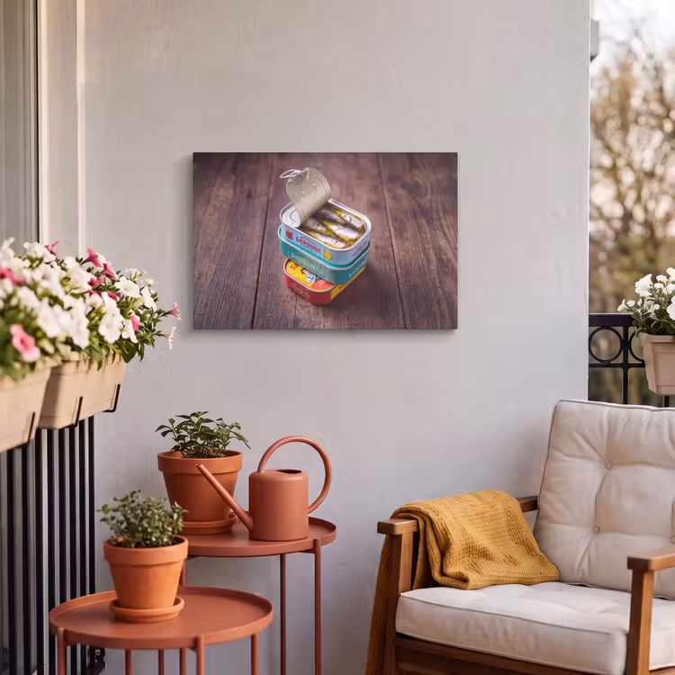 Outdoor Leinwand - Fisch – Dosen – Küche - Vis - Blikjes - Keuken Tuinposter op houten frame 2 cm dik klein