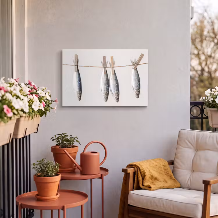Outdoor Leinwand - Fisch – Hängend – Essen - Vis - Hangend - Eten Tuinposter op houten frame 2 cm dik klein