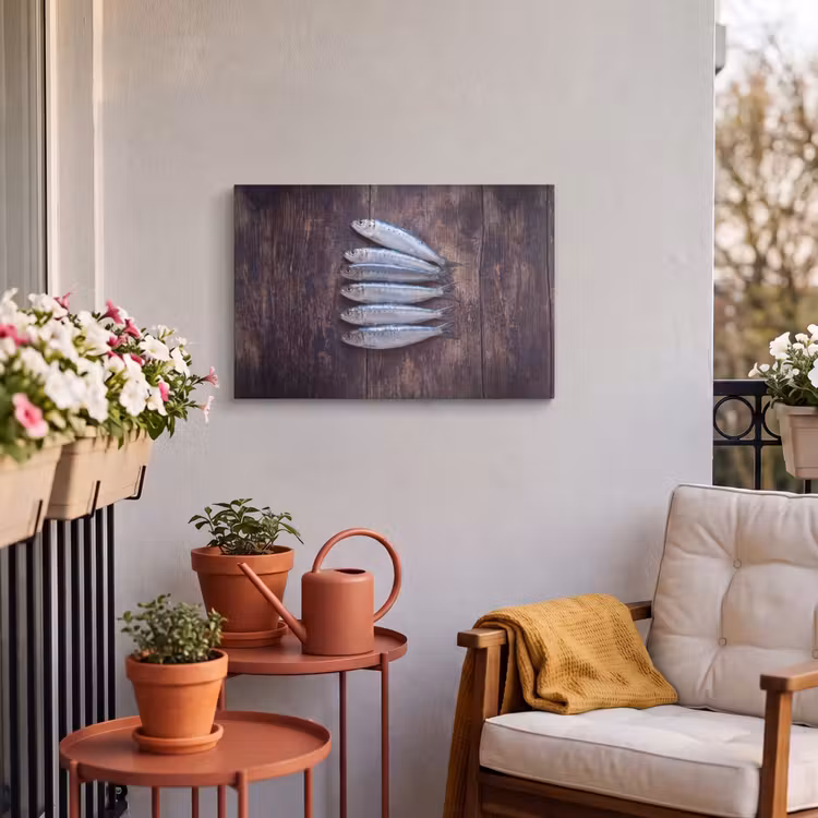 Outdoor Leinwand - Fisch – Holz – Essen - Vis - Hout - Eten Tuinposter op houten frame 2 cm dik klein