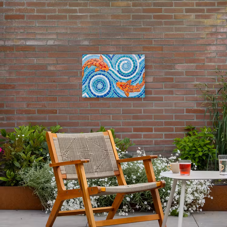 Vis - Mozaïek - Water - Decoratief - Blauw Tuinposter op houten frame 2 cm dik klein -sfeer3
