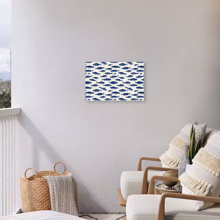 Vissen - Patroon - Blauw - Wit Tuinposter op houten frame 2 cm dik klein 845 -sfeer1