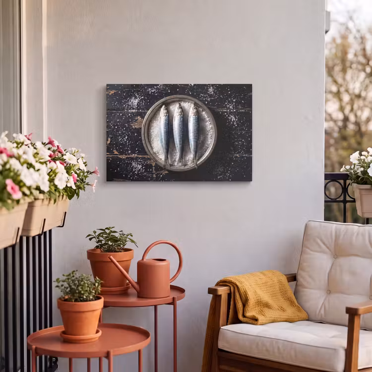 Outdoor Leinwand - Fisch – Salz – Essen - Vis - Zout - Eten Tuinposter op houten frame 2 cm dik klein